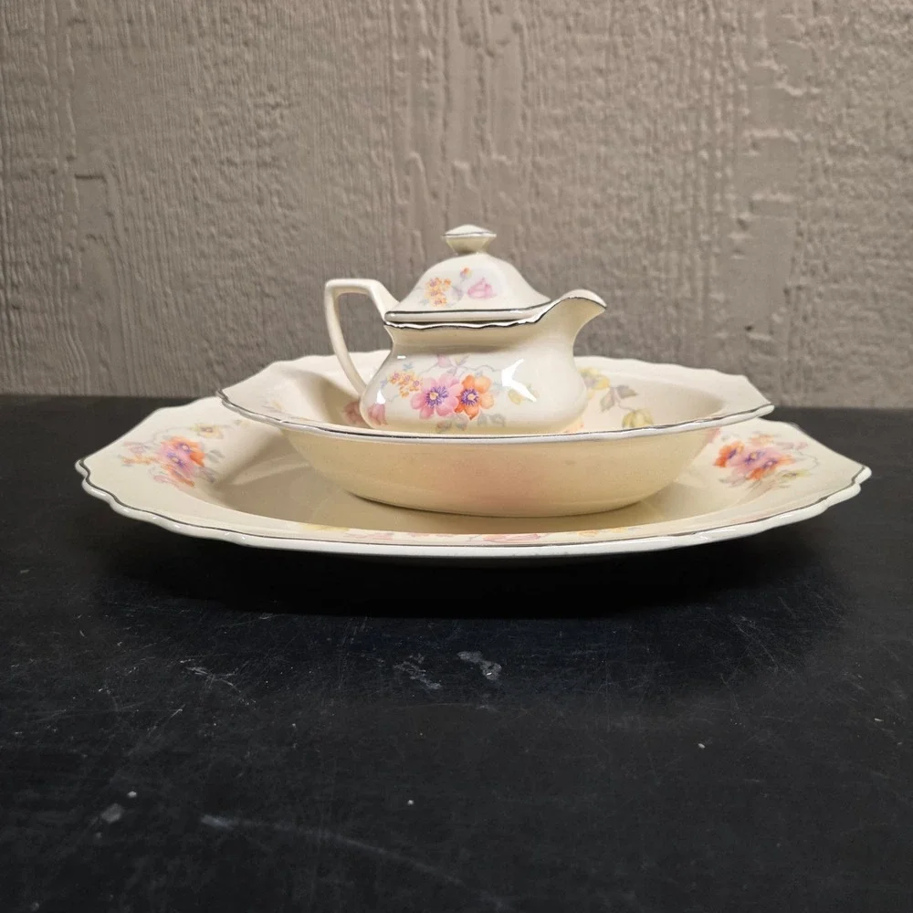 Vintage WS George Lido Canarytone Floral Dinnerware Set Platter Bowls Cups 196A